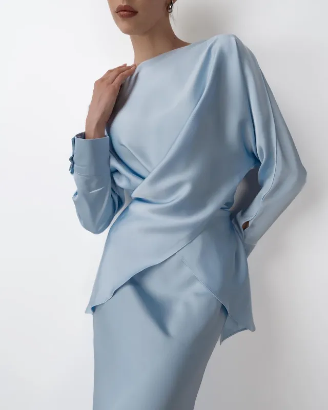 New Product Set Women's Long sleeved Lace up Top And Skirt Two piece Set Blue - Shop at LoveMi