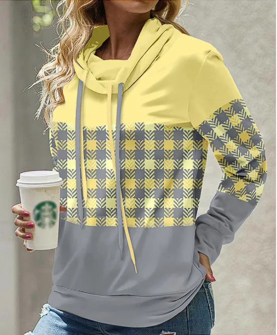 New Women's Pile Collar Hooded Printed Top - Yellow