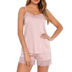 Lace Splicing Sling Shorts Pyjamas Two-piece Set - Pink - View 1