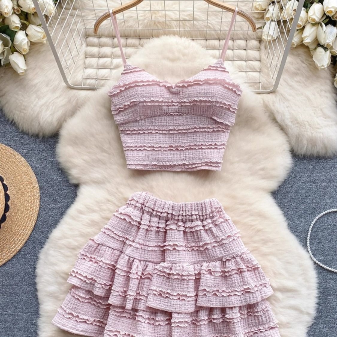 Lace Camisole And Ruffled Short Skirt Set