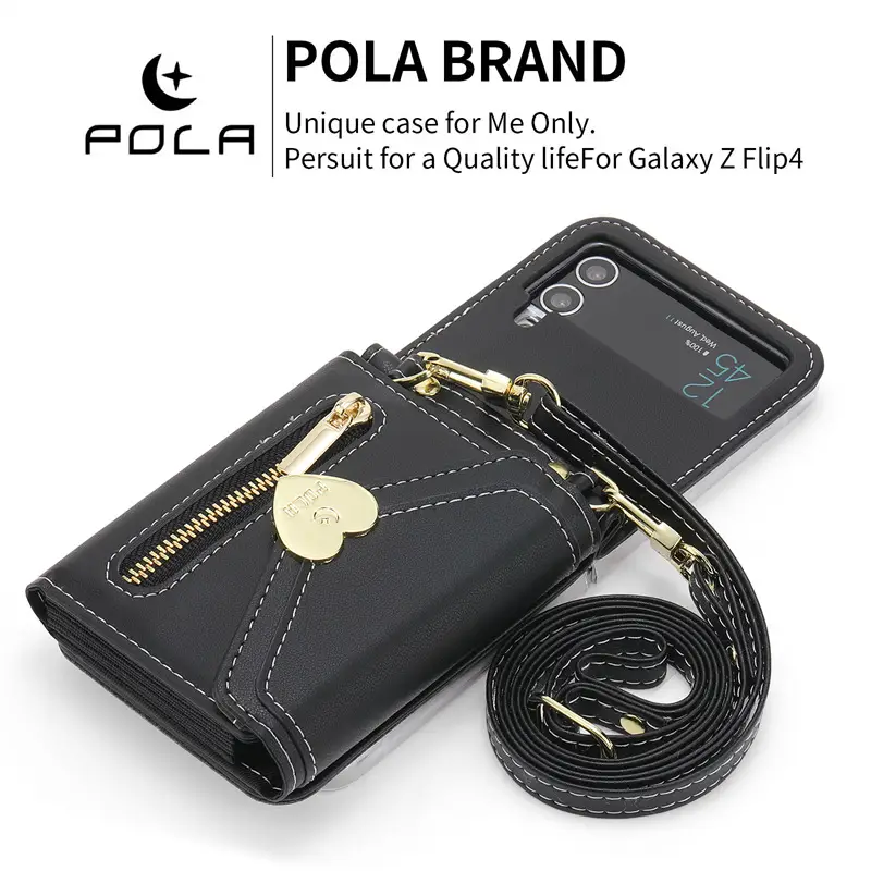Folding Leather Case Metal Heart Large Capacity Zipper Phone Case