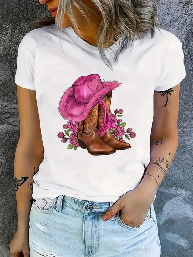 Cowgirl Floral Print T shirts Women Summer Tshirt Lady Rive 01Color - Shop at LoveMi