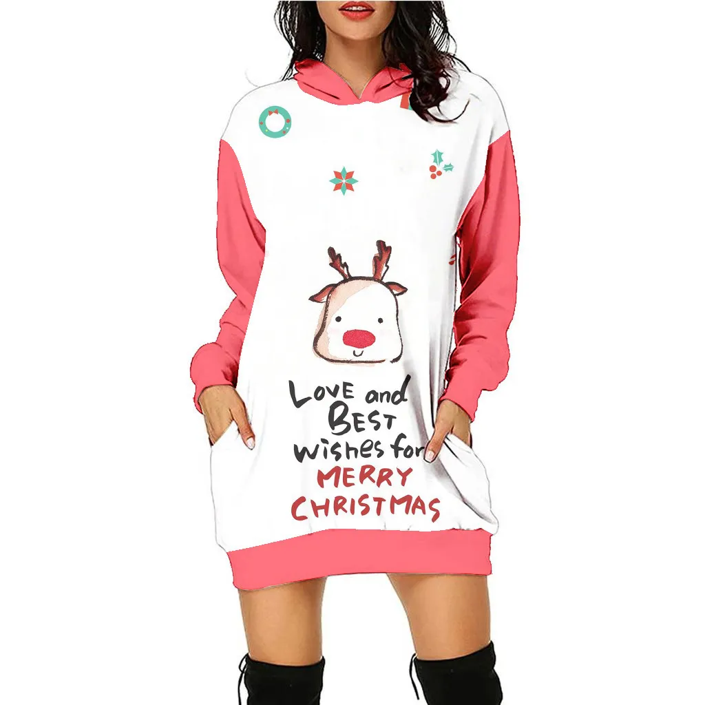 Women's Fashion Casual Printing Christmas Holiday Party Sweater Dress - Swy090207-S