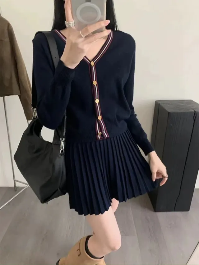 Cardigan Half length Pleated Skirt Two piece Set Blue - Shop at LoveMi