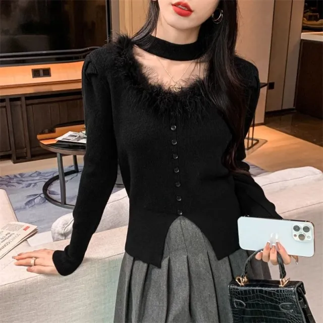 Furry Halter Cut out Sweater For Women Black - Shop at LoveMi