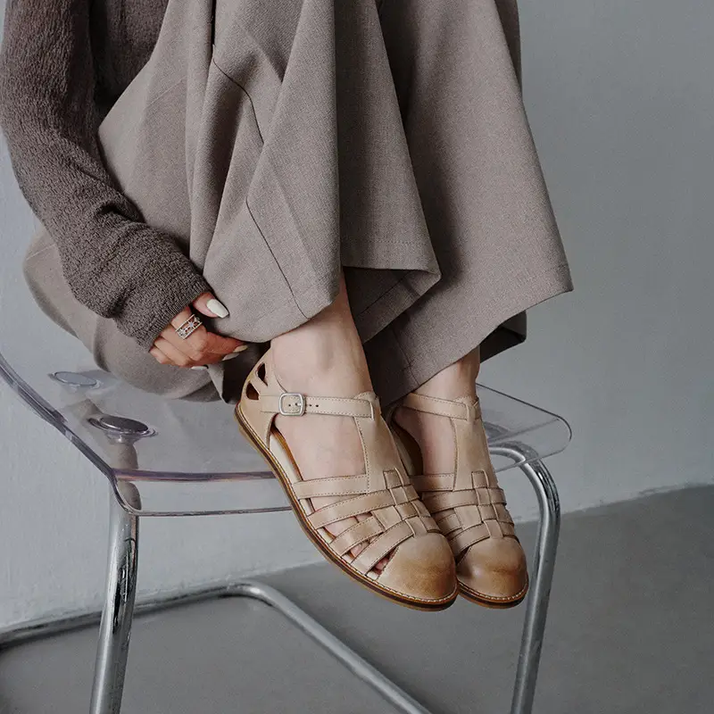 Womens Casual Hollowed-out First-layer Washed Leather Round-toe Sandals