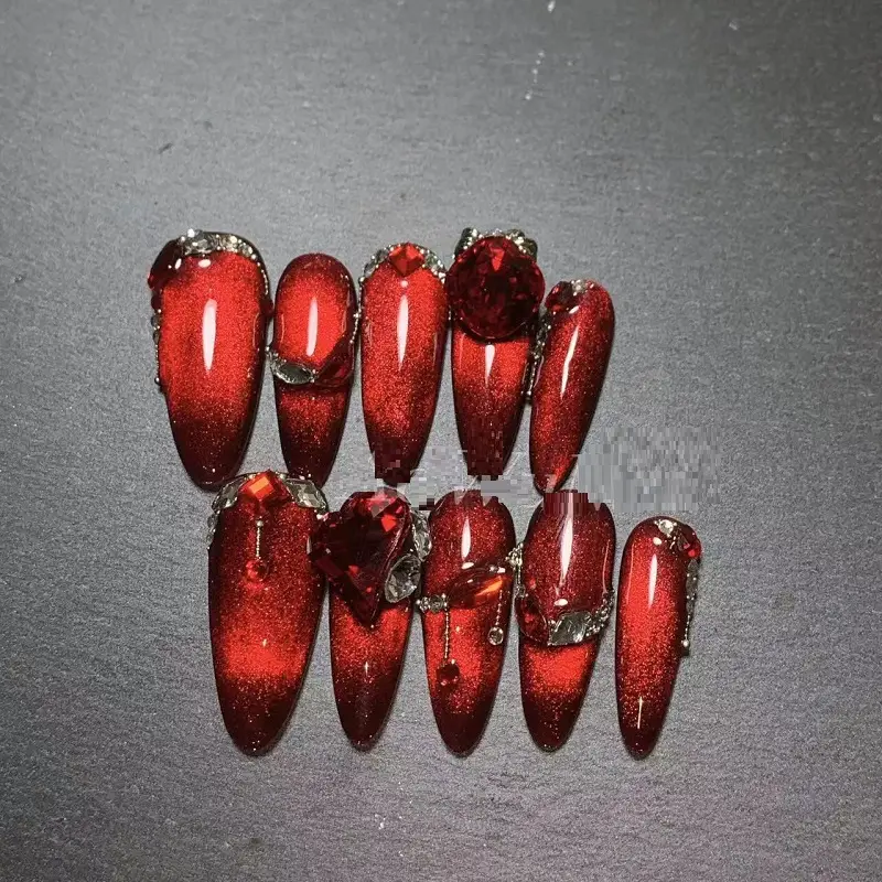 Red Cat Eye Steel Ball Diamond New Year Handmade High-end Wear Nail