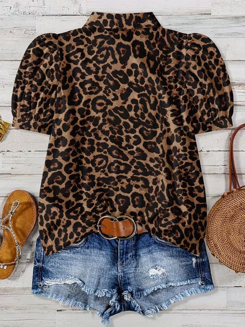 Leopard Print Statement Blouse for Women, Short Sleeve