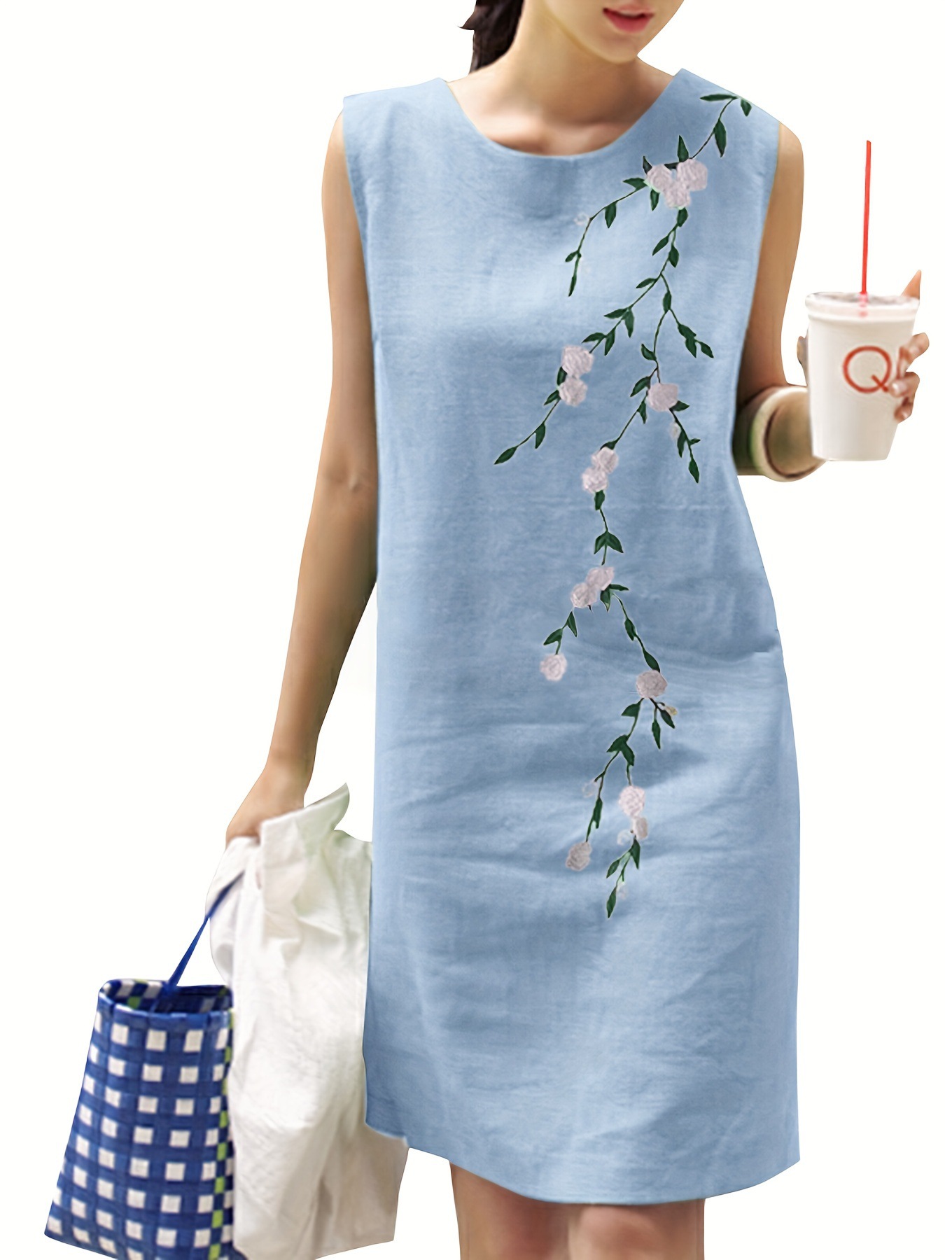 Cotton Linen Round neck Sleeveless Embroidered Dress Blue - Shop at LoveMi