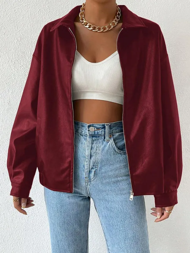 PU Leather Coat Retro Biker's Long Sleeve Zipper Lapel Jacket Wine Red - Shop at LoveMi