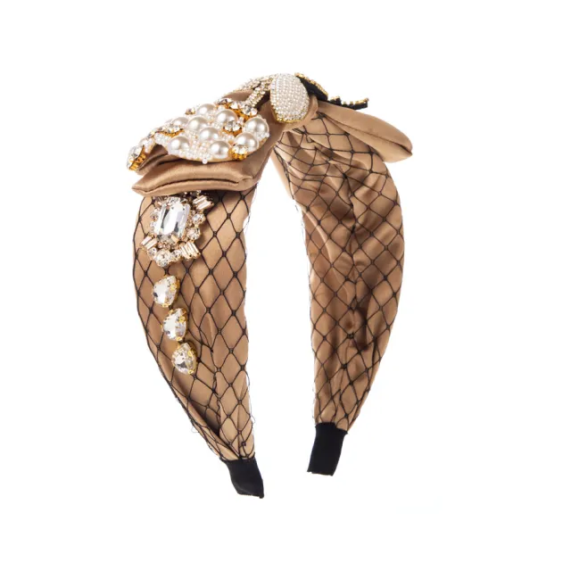 Baroque Fabric Bow Full Diamond Pearl Headband Coffee - Shop at LoveMi