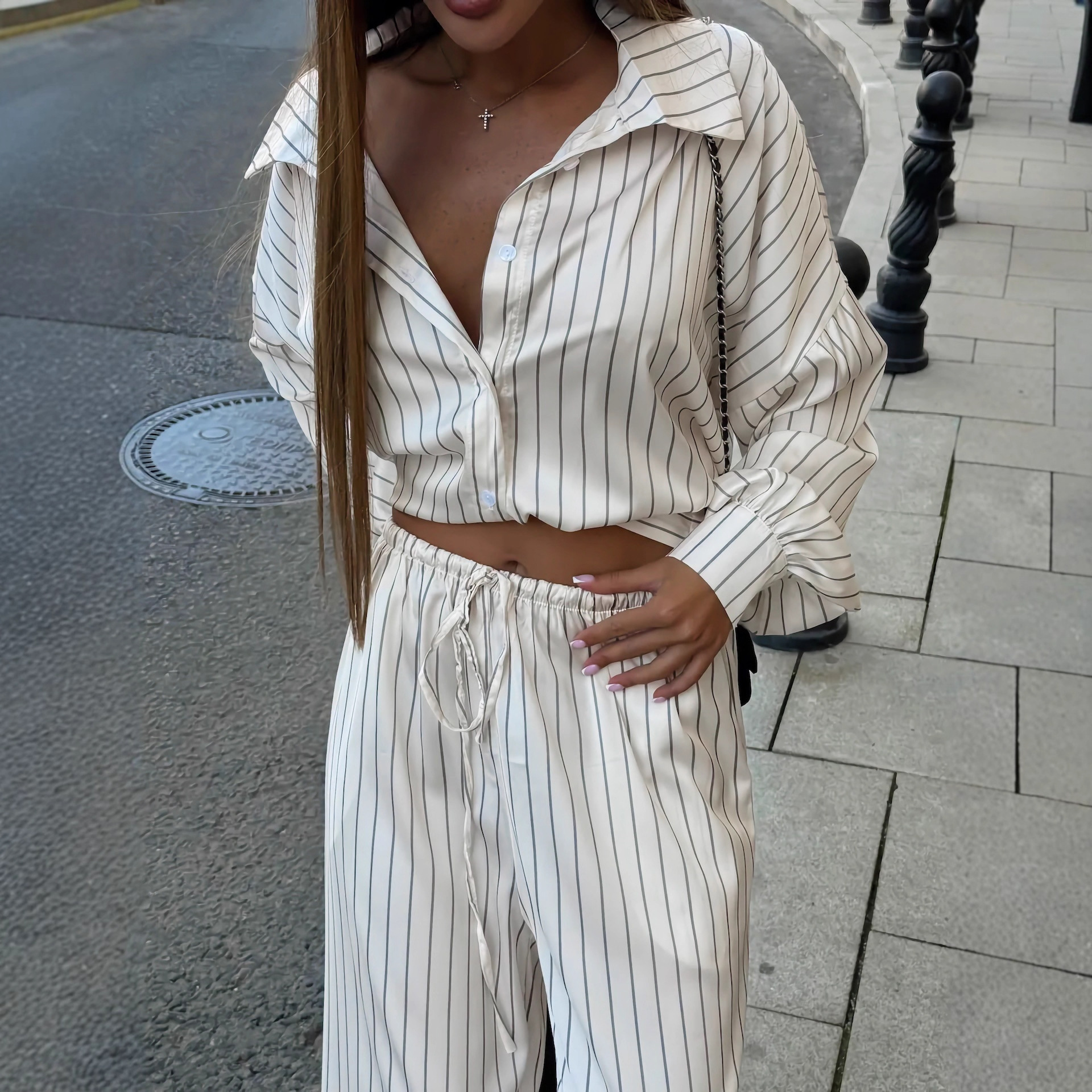 Fashionable Striped Long-sleeve Shirt Cardigan And Wide-leg Pants Two-piece Set