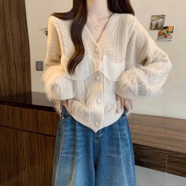 Knitted Cardigan Fringe Collar Temperament Sweater Coat Lace Style - Shop at LoveMi