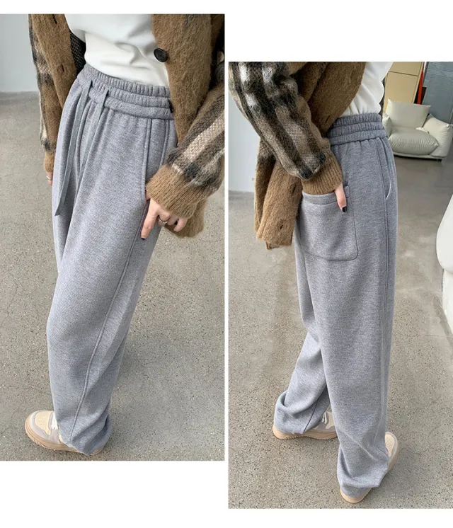 Fleece lined High Waist Matchet Pants Soft Glutinous Leisure Warm Straight Glutinous Rice Pants Gray - Shop at LoveMi