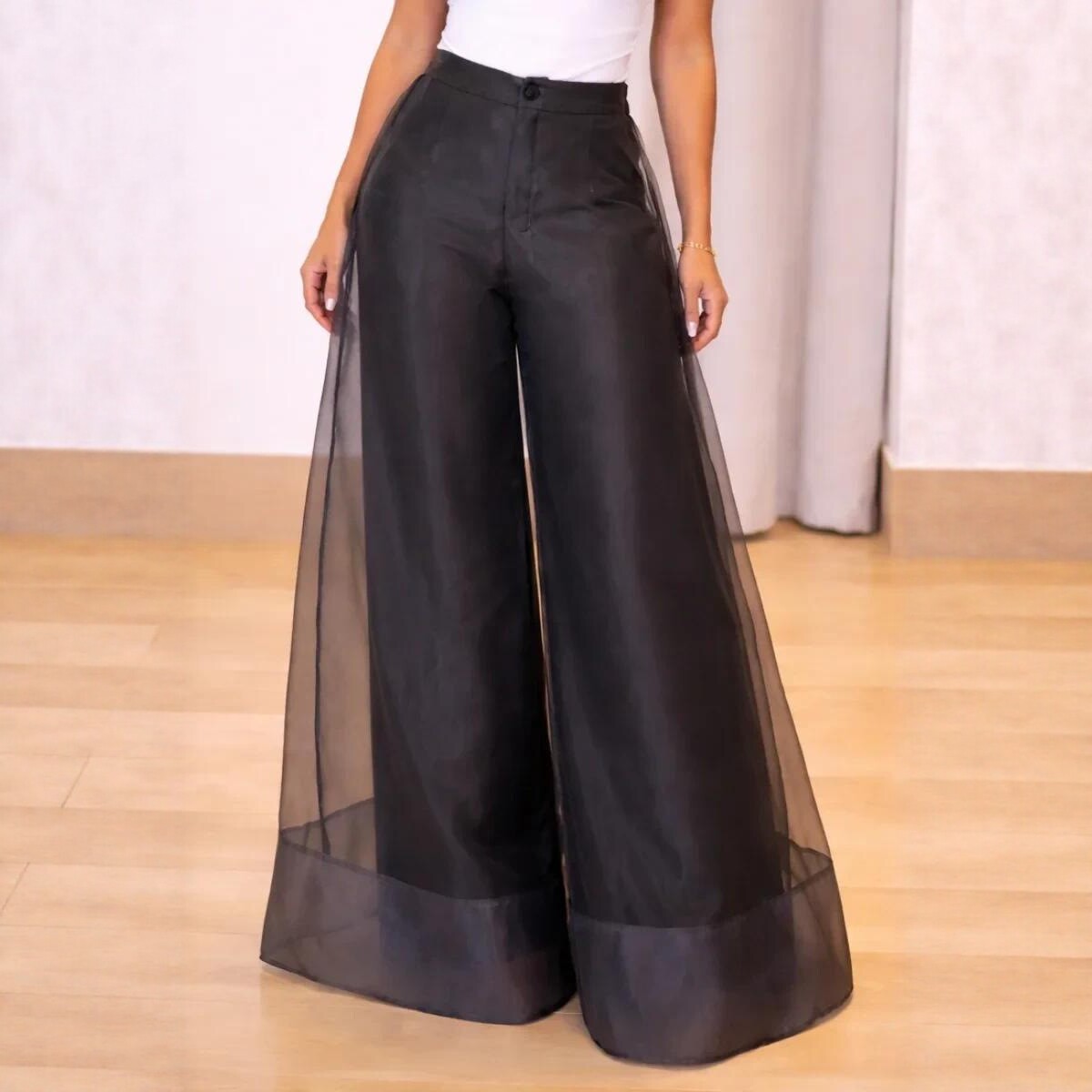 High-waisted Mesh Sheer Wide-leg Pants