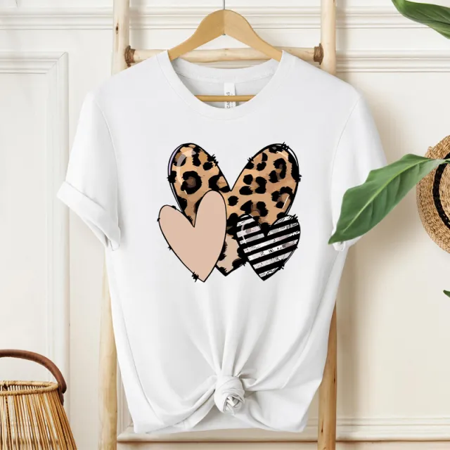 Leopard Print Heart Shaped Valentines Day Design, Loose Fit, Fashionable, Casual Short Sleeve Top Leopard - Shop at LoveMi