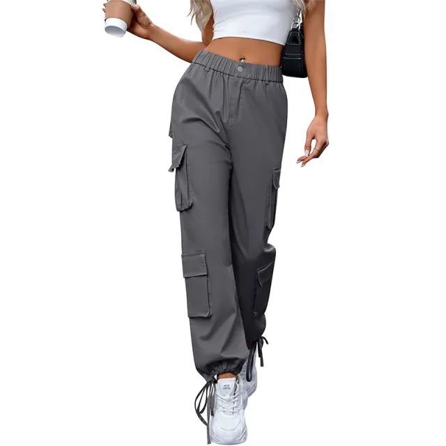 Women's High Waist Pocket Loose Casual Working Pants Straight leg Pants Gray - Shop at LoveMi