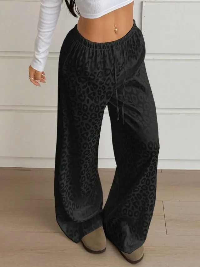 Drawstring Leopard Print Mop Wide Leg Pants Black - Shop at LoveMi