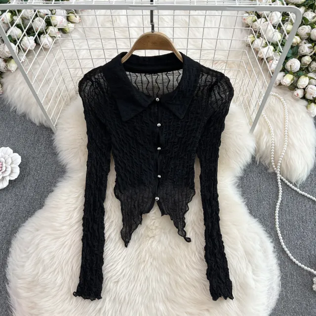 French Retro Sexy See through Long Sleeves Irregular Short Dovetail Shirt Black - Shop at LoveMi