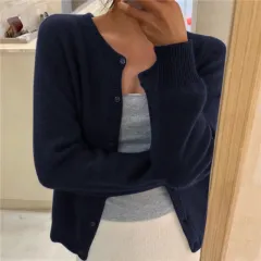 Women's Round Neck Solid Colour Knitted Cardigan - Sea Blue - View 1