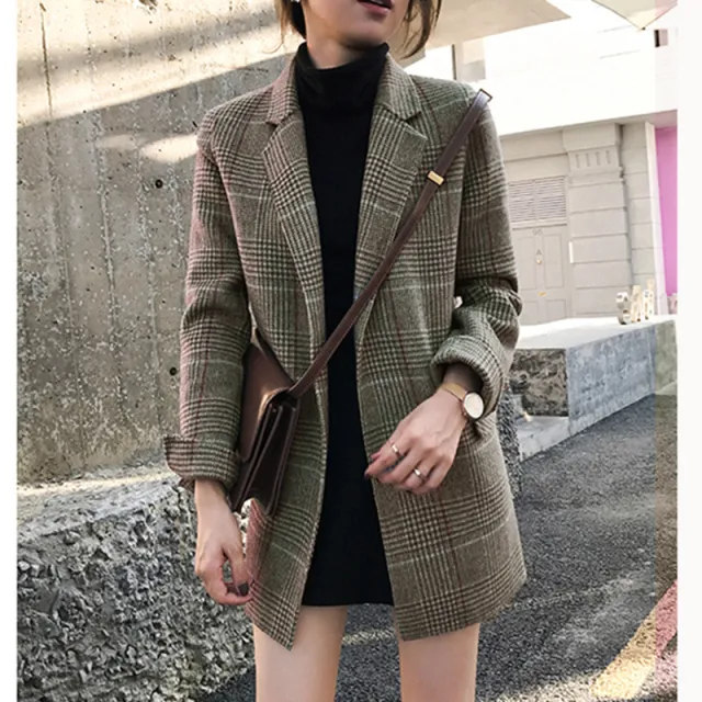 Season New Checkered Suit Retro Loose All match Mid length Woolen Plaid Suit Plaid - Shop at LoveMi