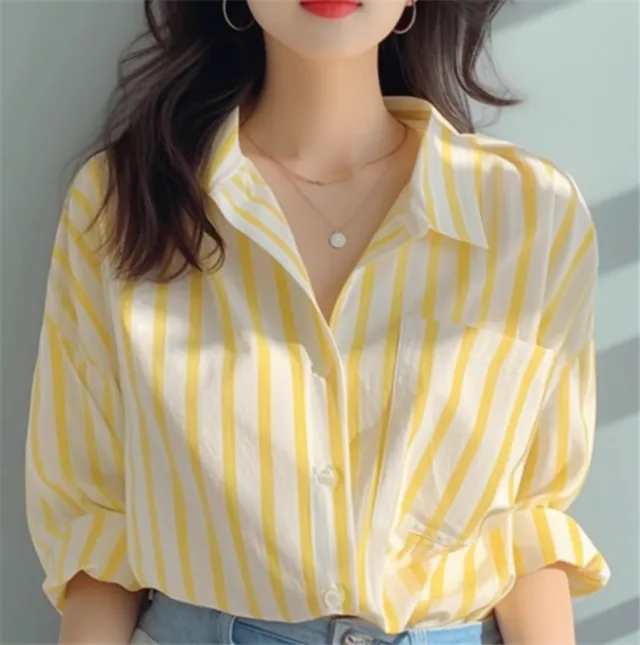 Yellow And White Vertical Striped Shirt For Women Sun Protection By The Sea Yellow - Shop at LoveMi
