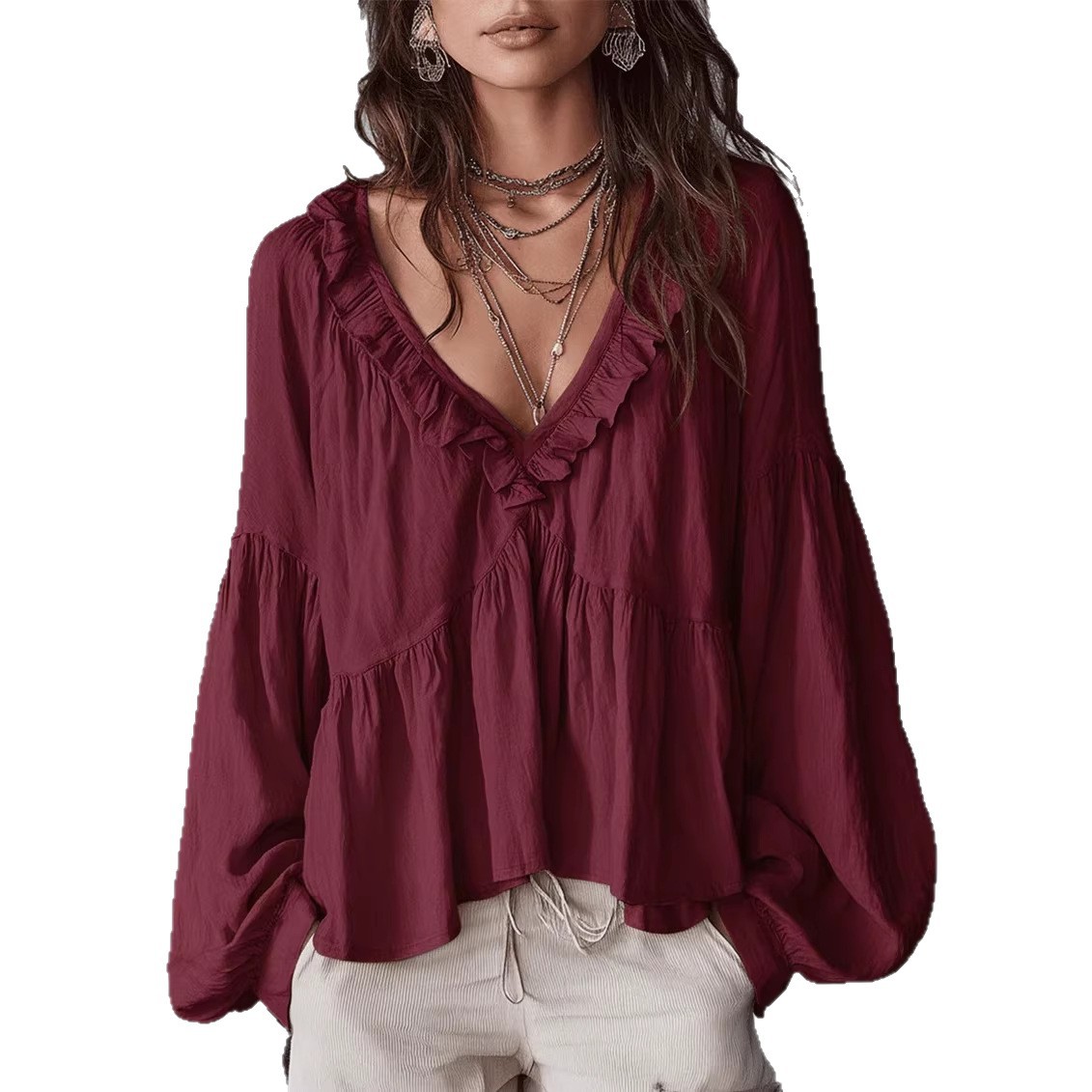 Ruffle-trimmed Puff-sleeve Pleated Blouse