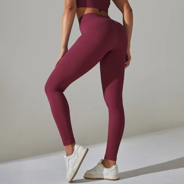 European And American Seamless Rib Solid Color Sports Running Fitness Yoga Pants Wine Red - Shop at LoveMi
