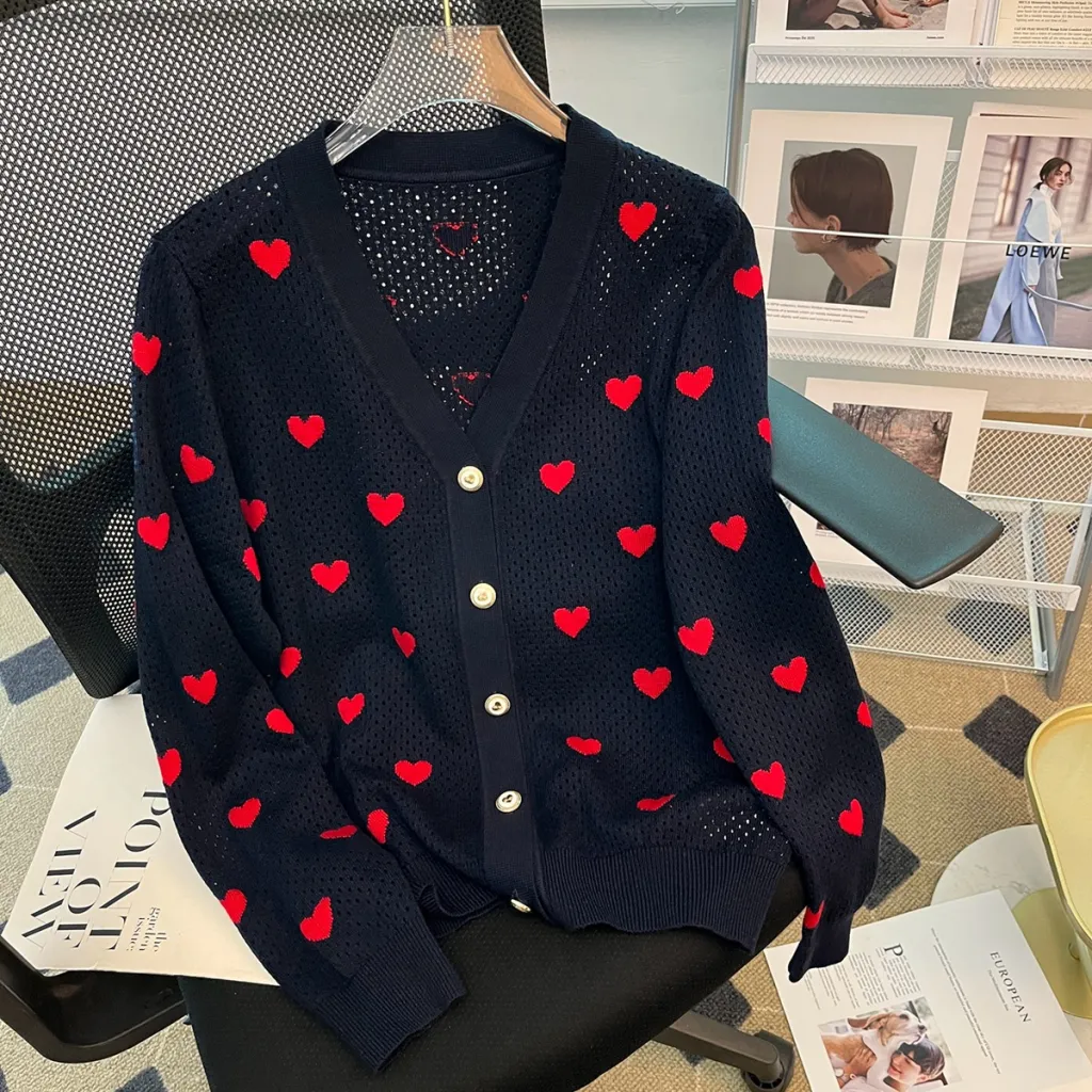 New Hollow Cardigan V-neck Love Jacquard Casual Elegant Wool Knitted Coat For Women - Dark Blue