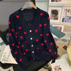 New Hollow Cardigan V-neck Love Jacquard Casual Elegant Wool Knitted Coat For Women - Dark Blue - View 1