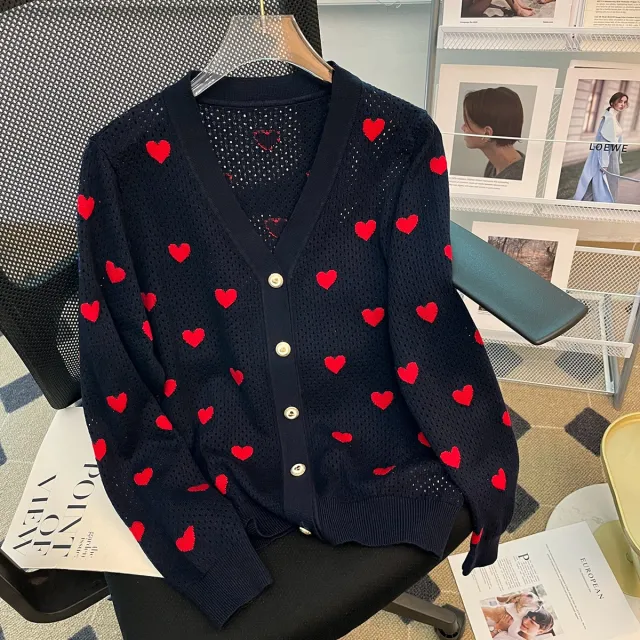 New Hollow Cardigan V neck Love Jacquard Casual Elegant Wool Knitted Coat For Women Dark Blue - Shop at LoveMi