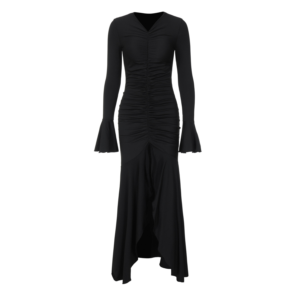 Fashionable Elegant V-neck Pleated Slim-fit Flared Sleeves Dress