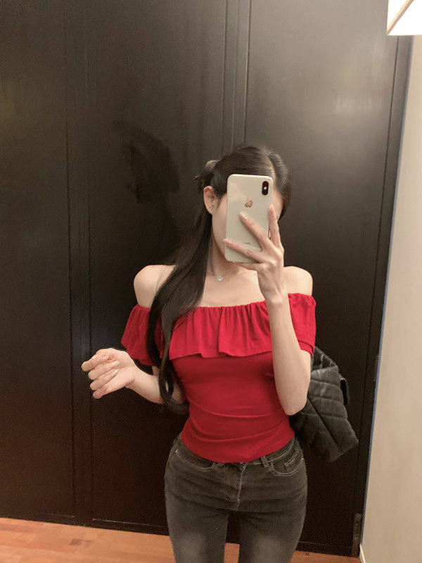 Title 1, Summer Slim-fit Pleated Ruffled Red Short Top F...