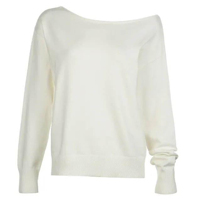 Simple European And American Style Solid Color Diagonal Shoulder Sweater White - Shop at LoveMi