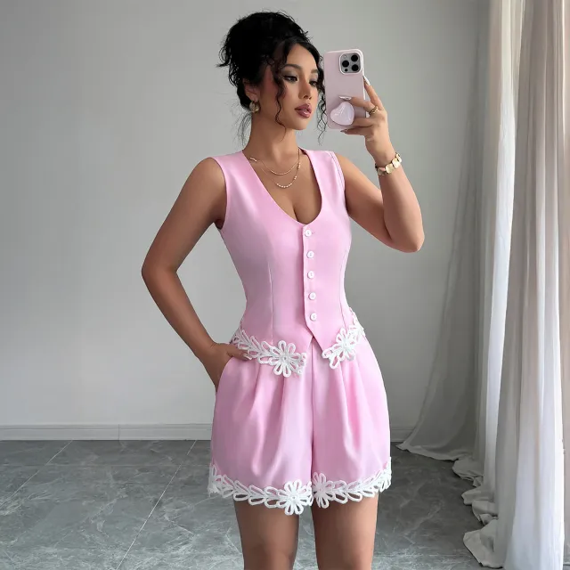 Elegant Temperament Button Vest Solid Color Shorts Set Pink - Shop at LoveMi