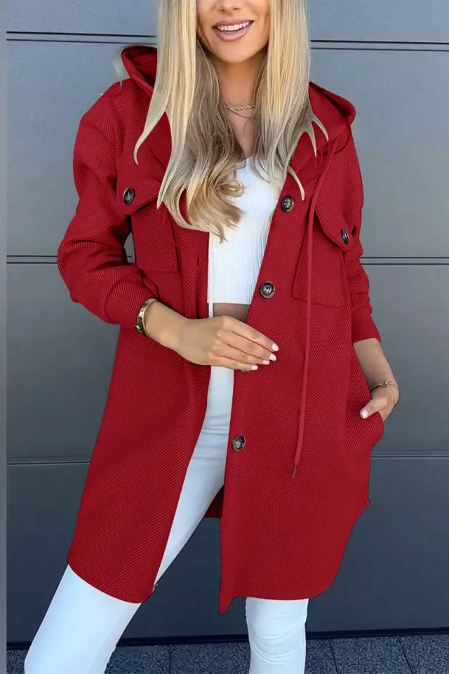 Autumn And Winter Leisure Hooded Pocket Long Sleeve Twill Jacket Red - Shop at LoveMi