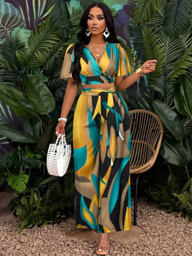 Women's Wear Tropical Printing Pleated Butterfly Sleeve Top Drawstring Wide Leg Trousers Suit Color M - Shop at LoveMi