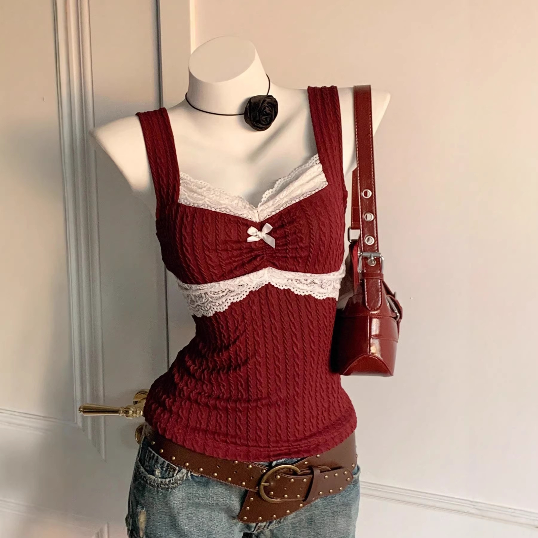 Womens Lace-trimmed Bow-decorated Vest-style Waistcoat Slim-fit Outerwear Top