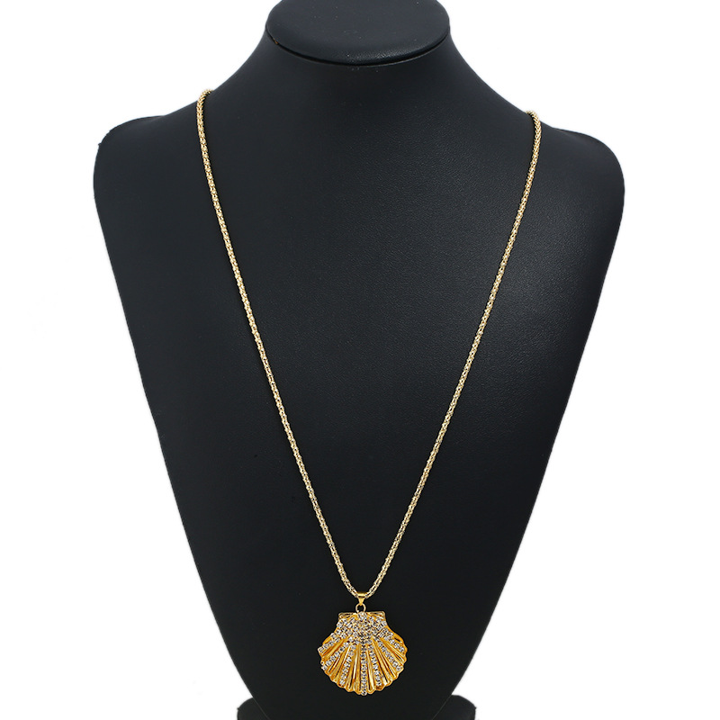 Metal Fan Shell Rhinestone Long Necklace