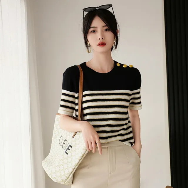 Knitted Short sleeved Loose Striped T shirt Black - Shop at LoveMi