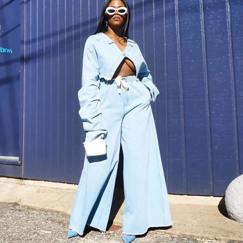 Casual Loose Denim Suit Two-piece Women's Clothing - Blue