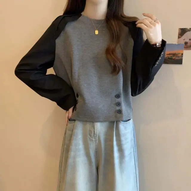 Slimming And Belly covering Design Niche Fashion Long Sleeve T shirt Gray - Shop at LoveMi