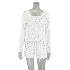 Floral Print Long-sleeved Sweater Shorts Two-piece Home Wear - Floral - View 1