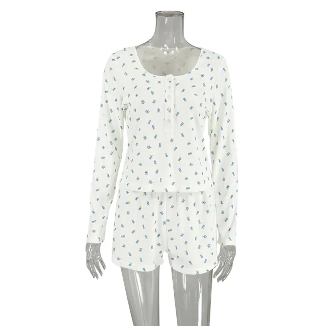 Floral Print Long sleeved Sweater Shorts Two piece Home Wear Floral - Shop at LoveMi