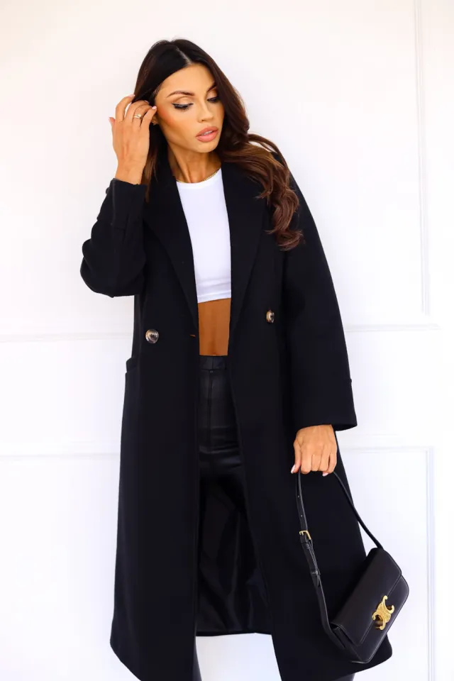 Simple Double Breasted Long Sleeve Lapel Button Woolen Coat Black - Shop at LoveMi