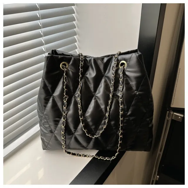 Popular Texture Rhombus Embroidery Thread Casual Large Capacity Simple Chain Shoulder Crossbody Underarm Bag Black - Shop at LoveMi