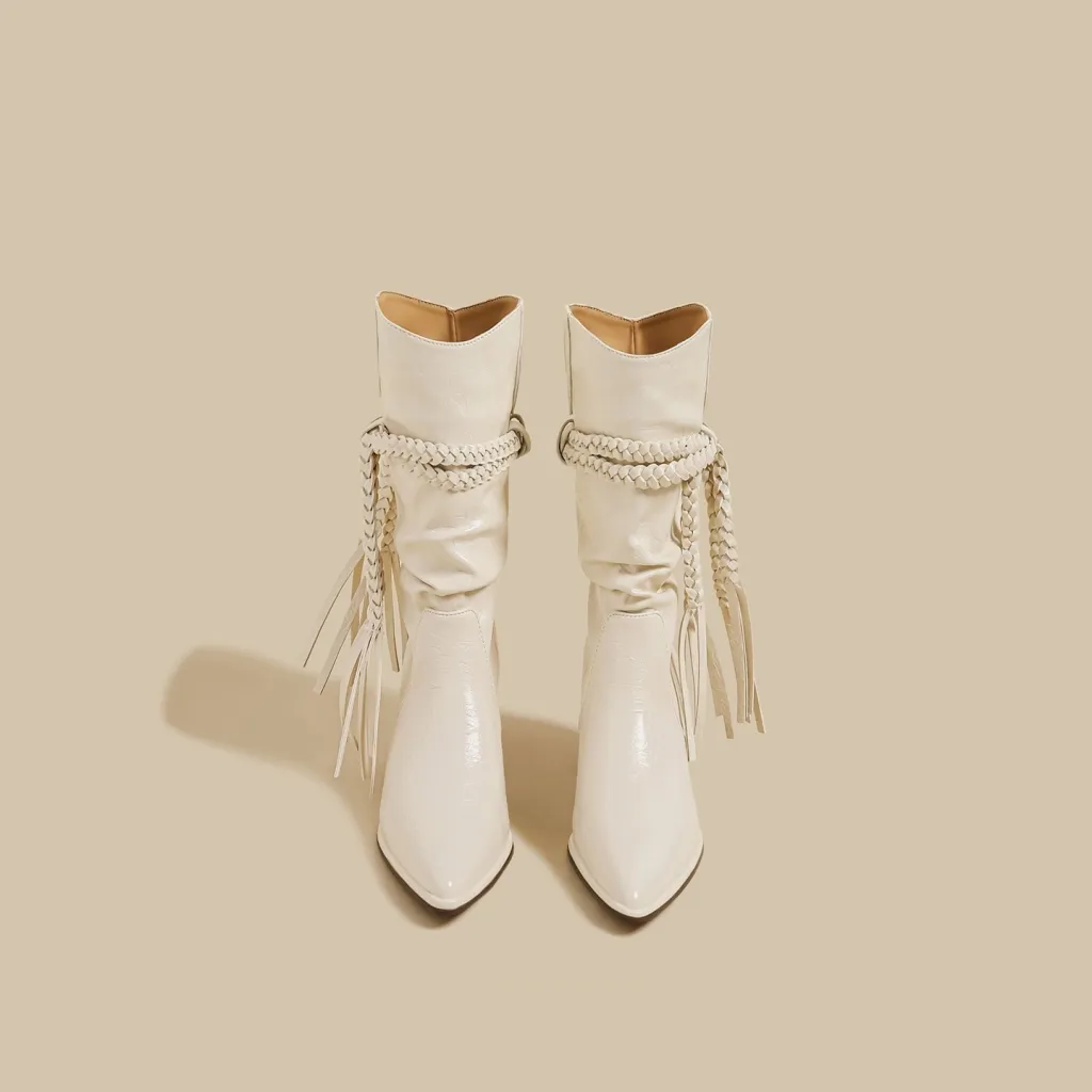 Tassel Hemp Rope Martin Boots Women Pointed Toe Chunky Heel Cowboy Boot - Beige