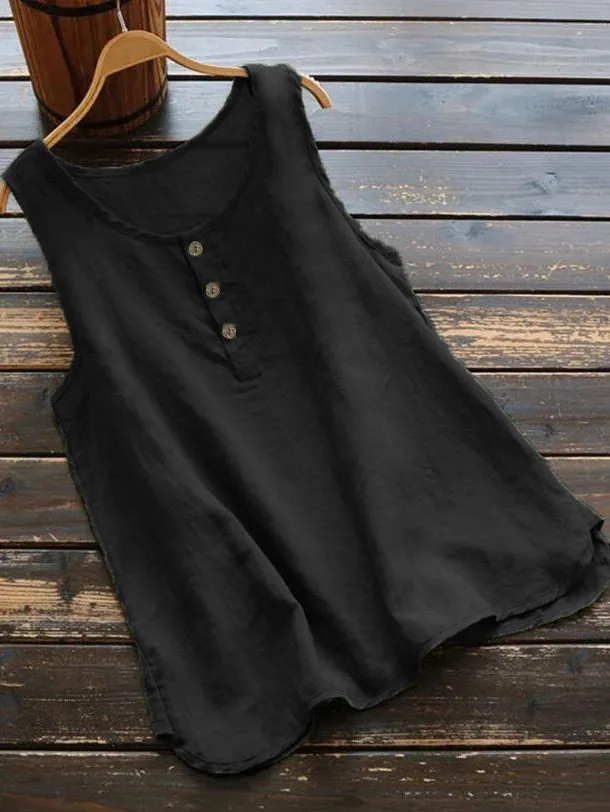 Solid Color Round Neck Loose Casual Vest Cotton Linen Shirt Women Black - Shop at LoveMi