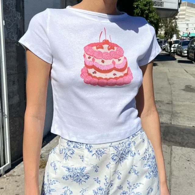 European And American Y2g Cotton Short sleeved Women's Round Neck Printing White Cake - Shop at LoveMi