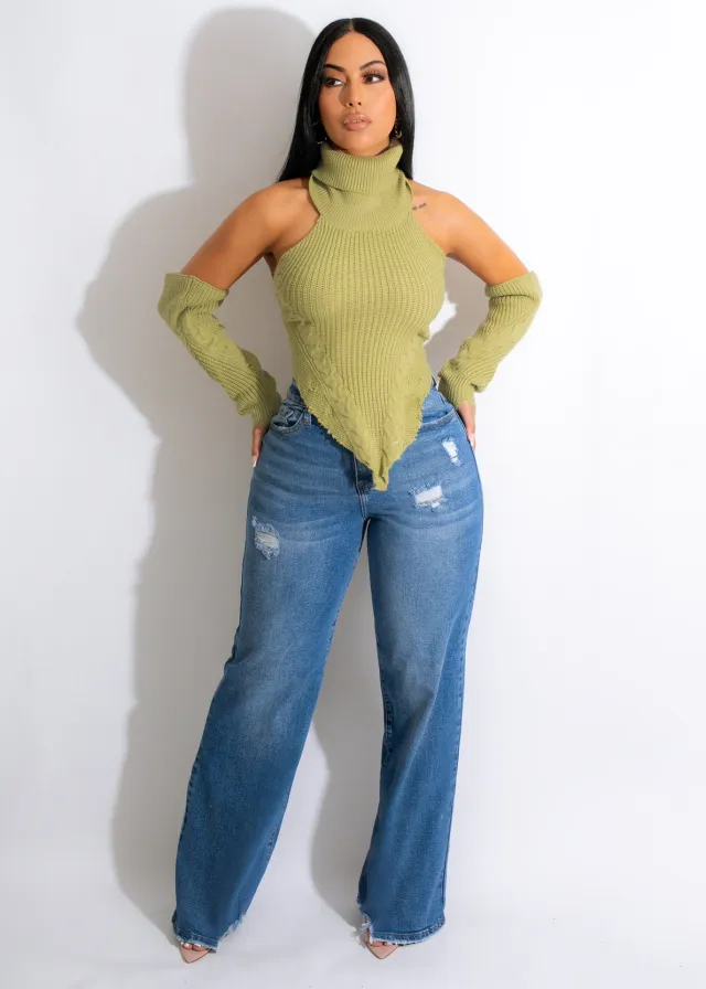 Autumn And Winter Knitting Hand Crochet Turtleneck Fake Sleeve Finger Hole Irregular Top Bean Green - Shop at LoveMi